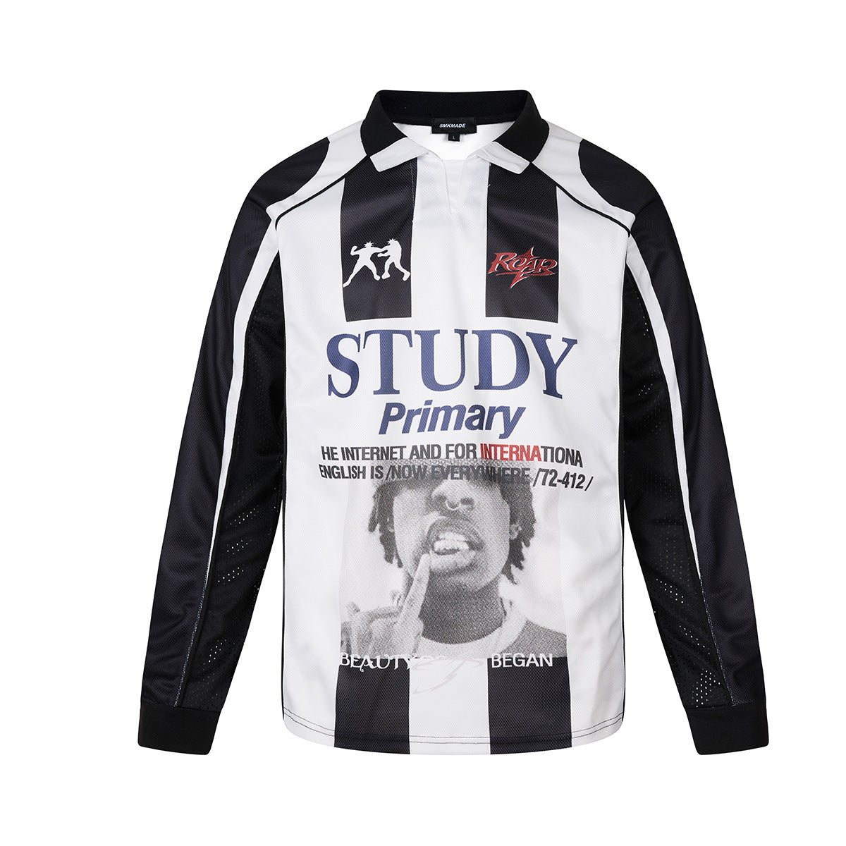 Maillot de football polo à manches longues, rayures verticales noires et blanches, grand imprimé graphique sur le devant et empiècements en mesh sur les manches