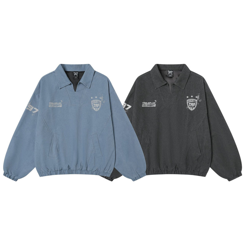 Washed Pullover Training Jacket with Polo Collar and Varsity Graphic Print