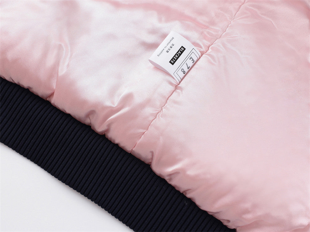 Oversized Bomber Jacket – Navy Satin with Pink Lining