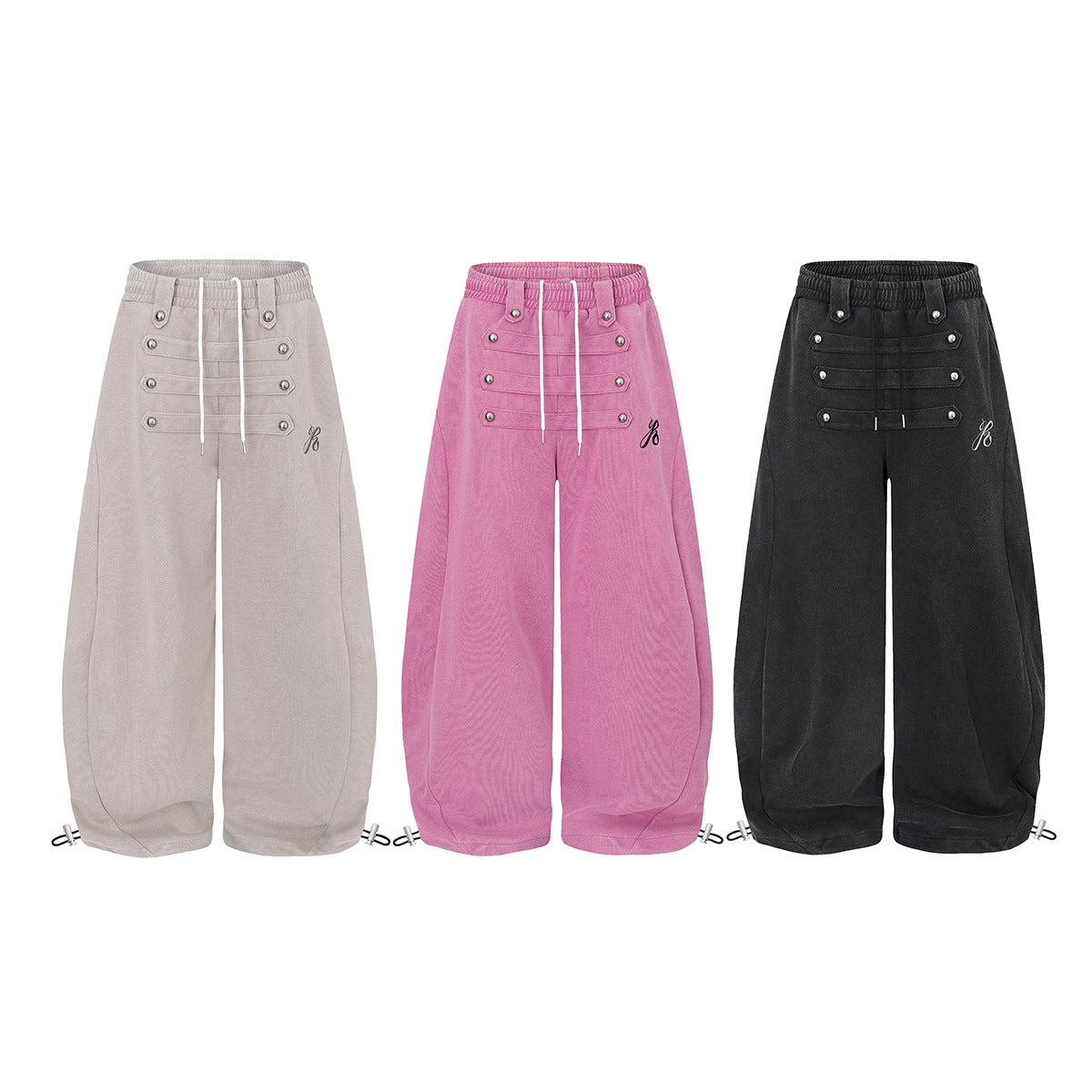 Wide-Leg Sweatpants with Decorative Button Panel & Drawstring Waist