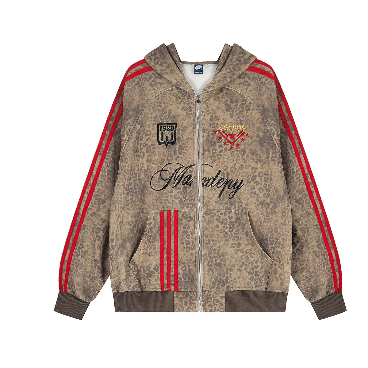 Oversized-Hoodiejacke mit Leopardenprint und Reißverschluss, roten Seitenstreifen und gestickten Schriftgrafiken, Vorder- und Rückansicht