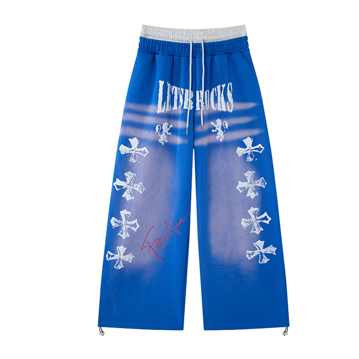 Cross Print Wide-Leg Sweatpants – Streetwear Faux Two-Piece Waistband