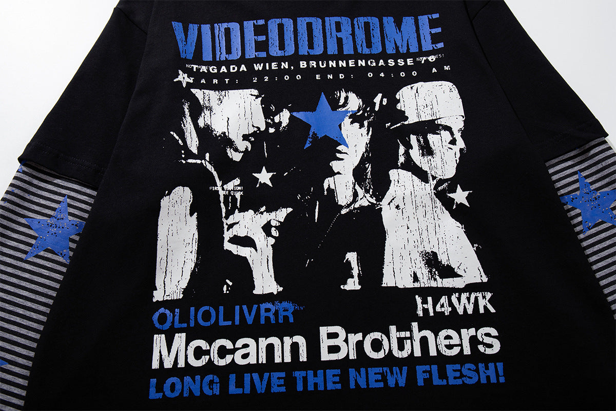 Long Sleeve Double-Layer Graphic Tee – Videodrome Rock Print with Striped Star