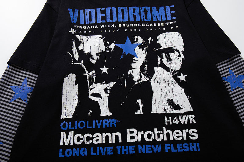 Long Sleeve Double-Layer Graphic Tee – Videodrome Rock Print with Striped Star