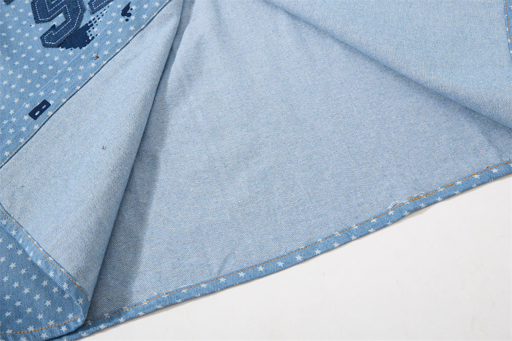 Short Sleeve Button-Up Shirt – All-Over Star Print with Varsity Graphic & Denim