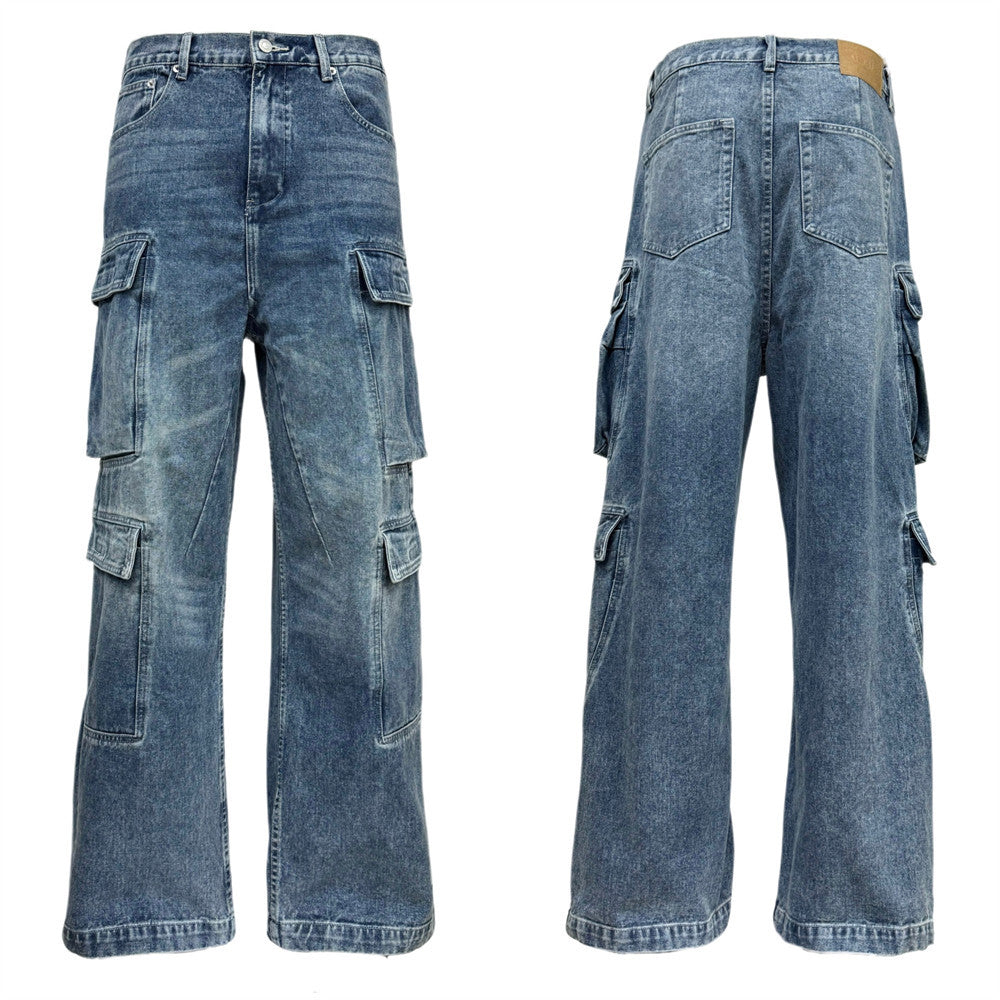 Multi-Pocket Cargo Denim Jeans – Wide Leg Straight Fit, Washed Blue