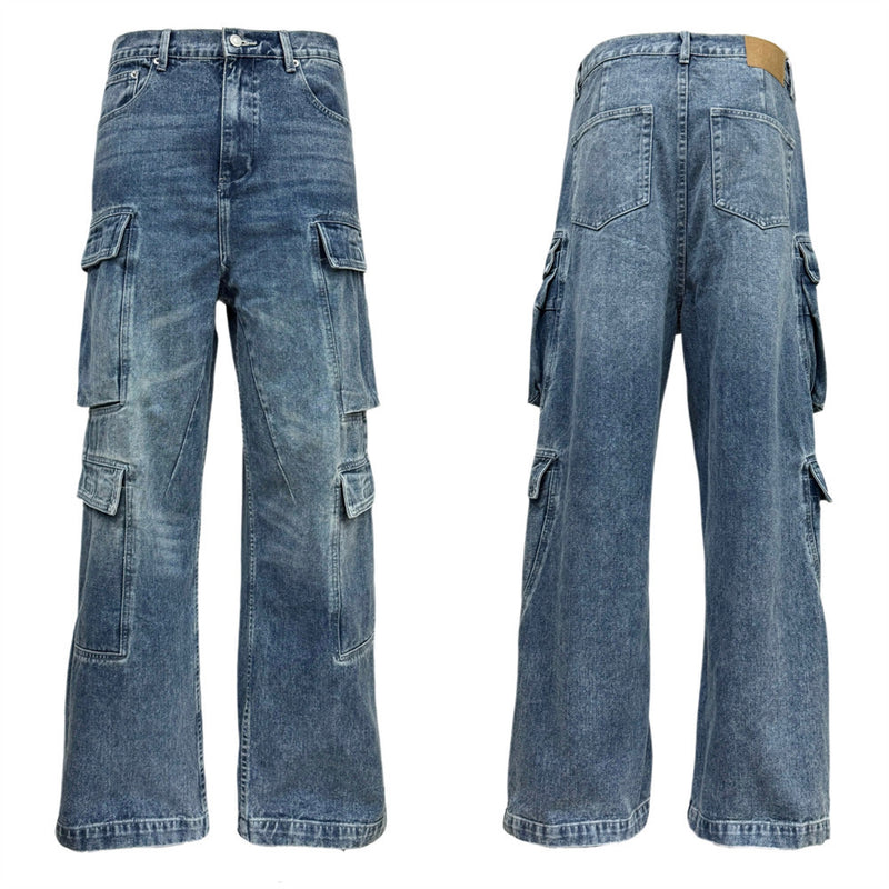 Multi-Pocket Cargo Denim Jeans – Wide Leg Straight Fit, Washed Blue