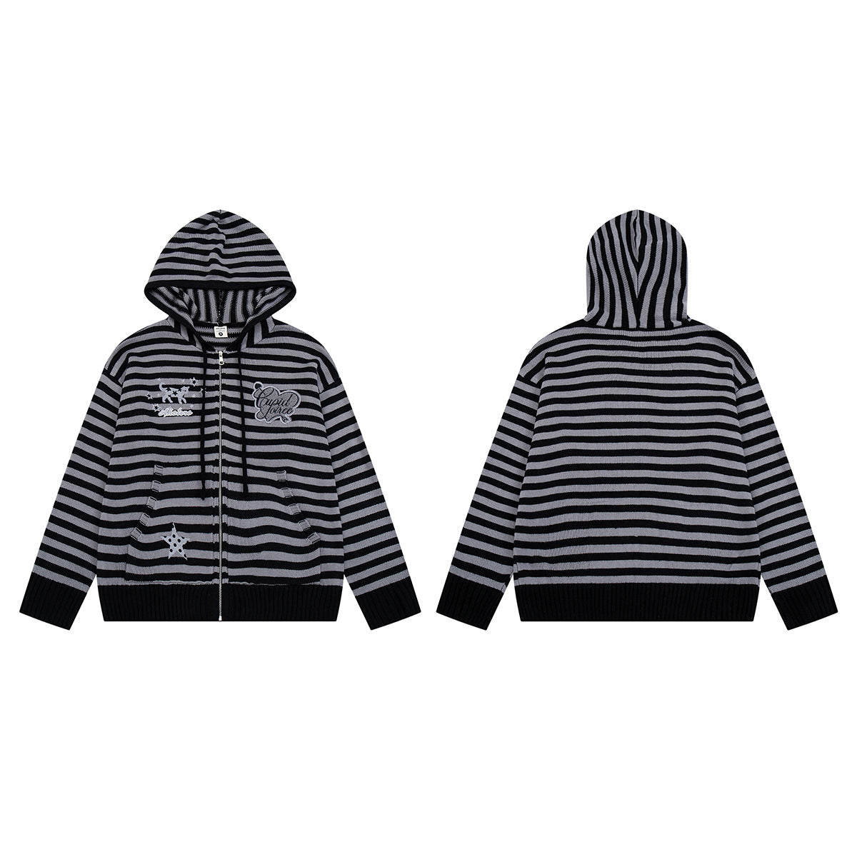 Y2K-Kapuzenjacke mit Reißverschluss – gestreifte Strickjacke mit Katzen- und Sternenstickerei