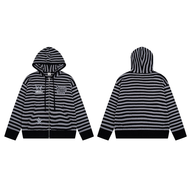 Y2K-Kapuzenjacke mit Reißverschluss – gestreifte Strickjacke mit Katzen- und Sternenstickerei