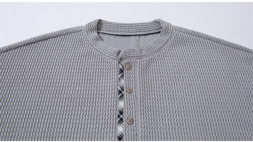 Men's Long Sleeve Waffle-Knit Henley Shirt with Drawstring Hem