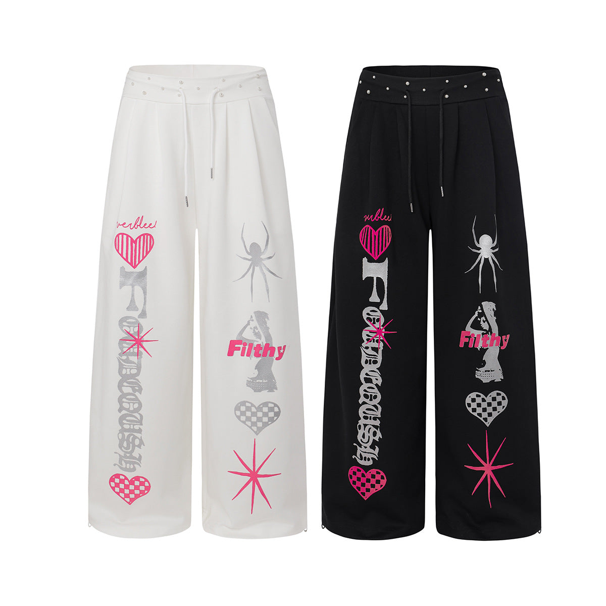 High-Waist-Hose mit weitem Bein – Streetwear-Hose mit Gothic-Grafikprint