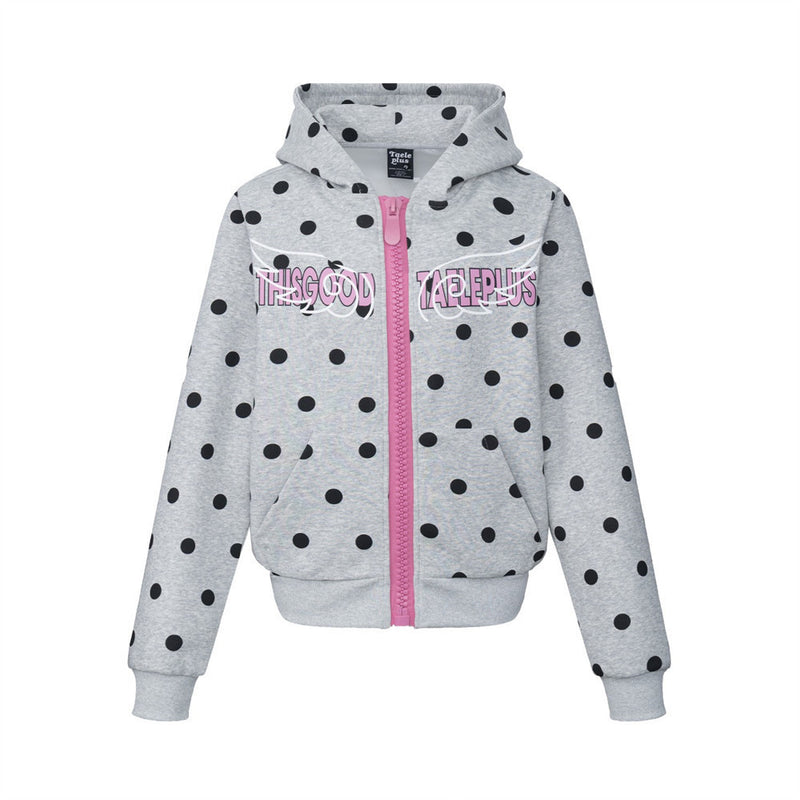 Sudadera con capucha y cremallera con estampado integral de lunares y gráfico de letras streetwear