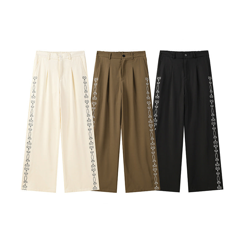 Wide Leg Dress Pants with Floral Embroidery Side Stripe