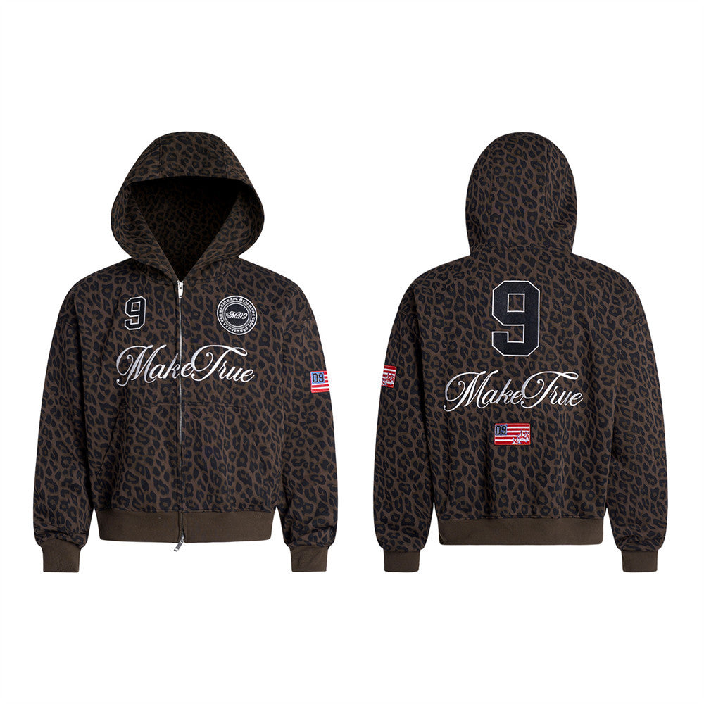 Leopard Print Zip-Up Hoodie – Men's Embroidered Oversized Jacket