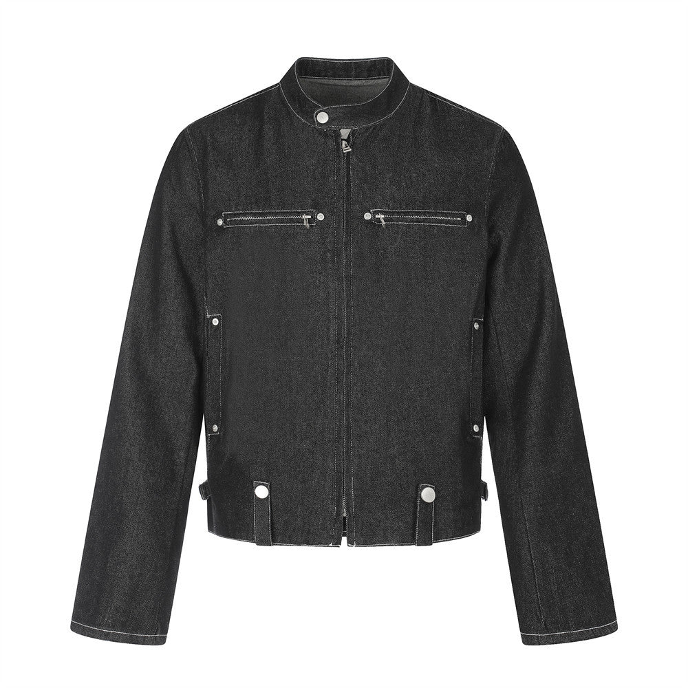 Front view of black cropped denim jacket with stand collar, zip front and zip chest pockets
