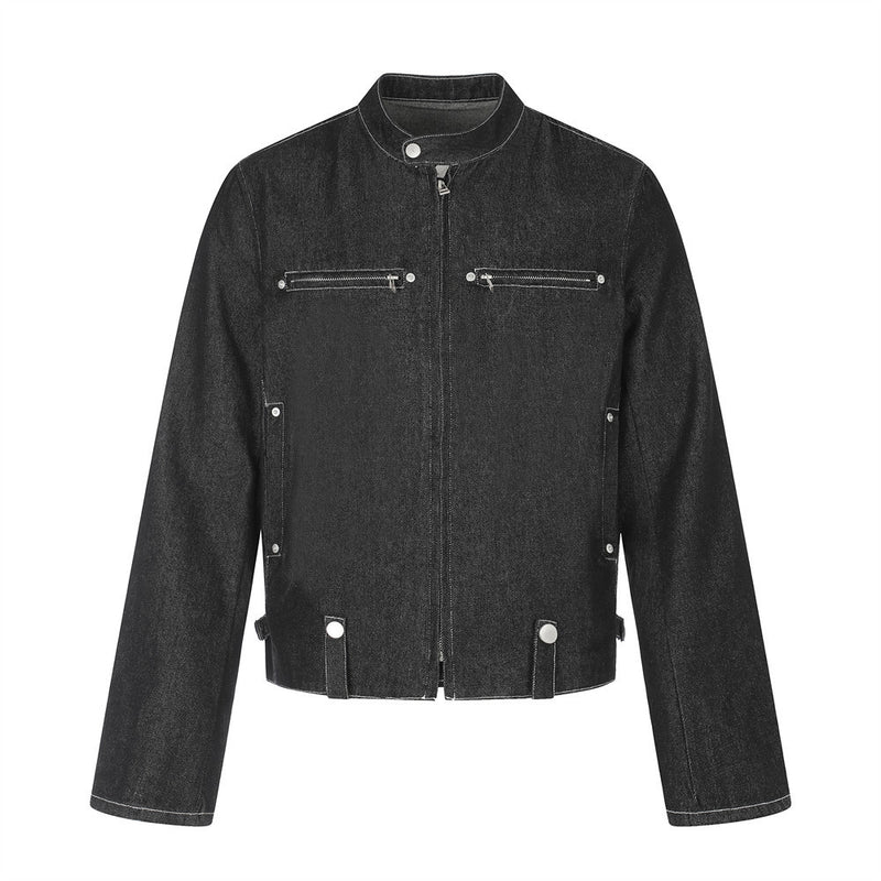 Front view of black cropped denim jacket with stand collar, zip front and zip chest pockets