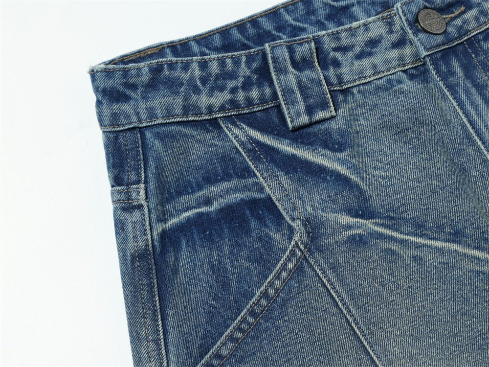 Loose Fit Baggy Jeans Men – Distressed Patchwork Wide-Leg Denim with Raw-Edge