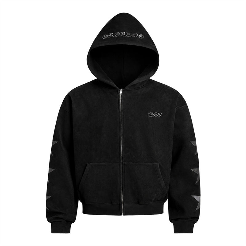 Oversized zip-up hoodie in black with five-pointed star sleeve appliqués and gothic GROWING hood embroidery