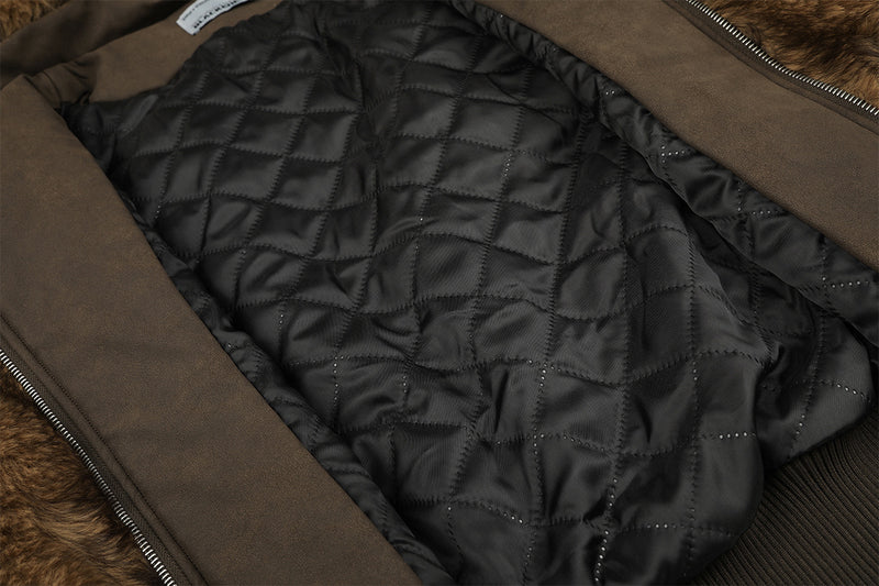 Faux Fur Hooded Bomber Jacket – Brown Oversized Winter Coat with Grommet Cuffs