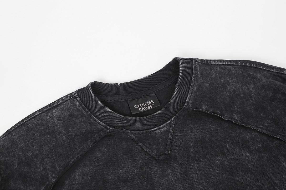 Pull homme gris à col rond – Délavé à l’acide, déstructuré, manches longues à bords bruts
