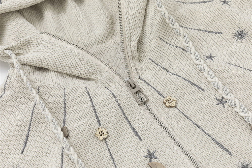 Celestial Embroidered Zip-Up Hoodie – Waffle Knit Oversized Jacket with Moon &