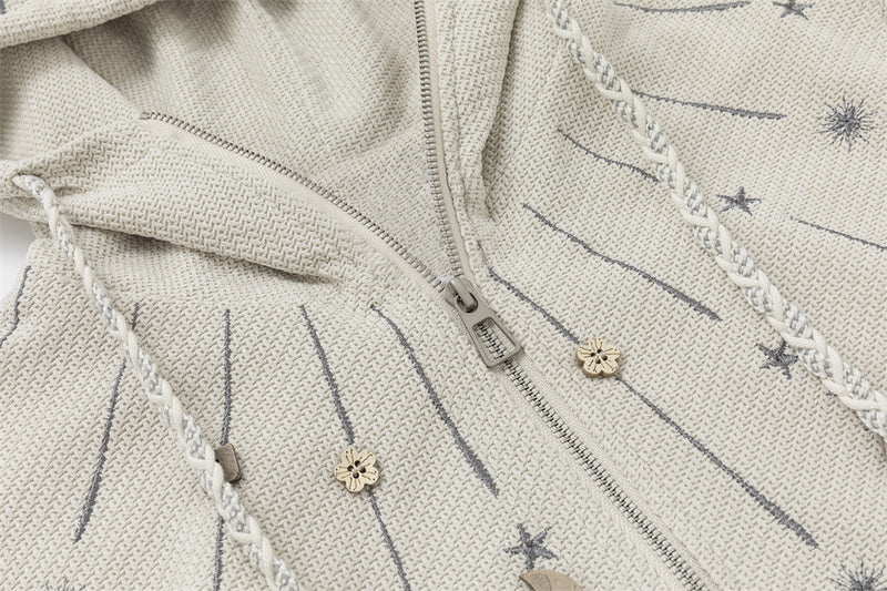Celestial Embroidered Zip-Up Hoodie – Waffle Knit Oversized Jacket with Moon &