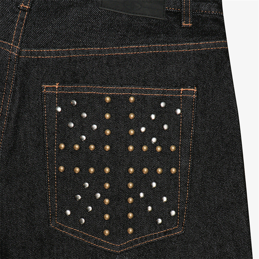 Men's Wide-Leg Raw Denim Jeans with Union Jack Rolled Cuffs & Studded Back