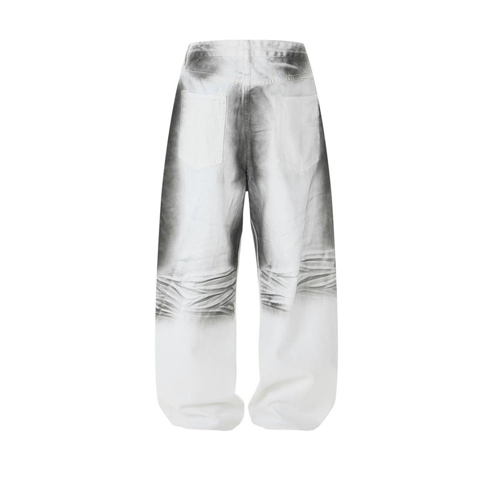 Men's Wide-Leg Baggy Jeans – Ink Wash Gradient Crinkle Print, Straight Fit