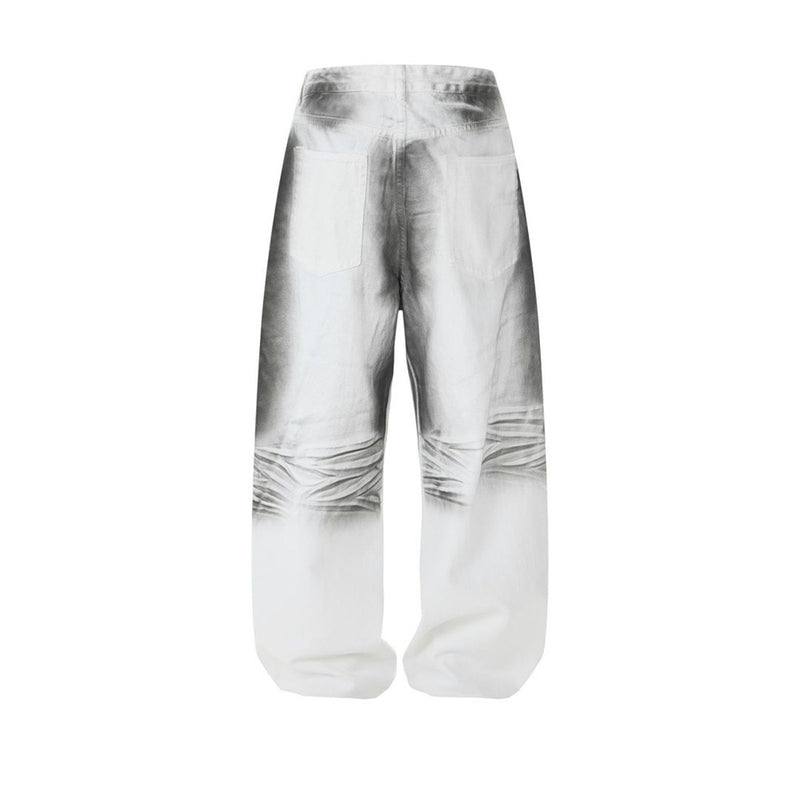 Men's Wide-Leg Baggy Jeans – Ink Wash Gradient Crinkle Print, Straight Fit