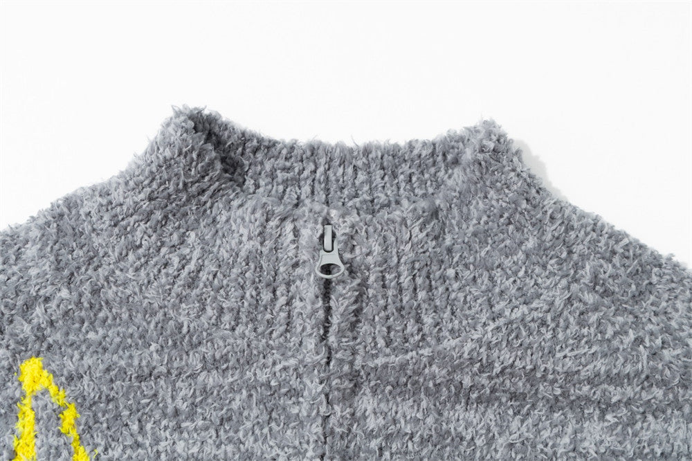 Rabbit Print Zip-Up Knit Sweater – Men's Oversized Mock Neck Cardigan
