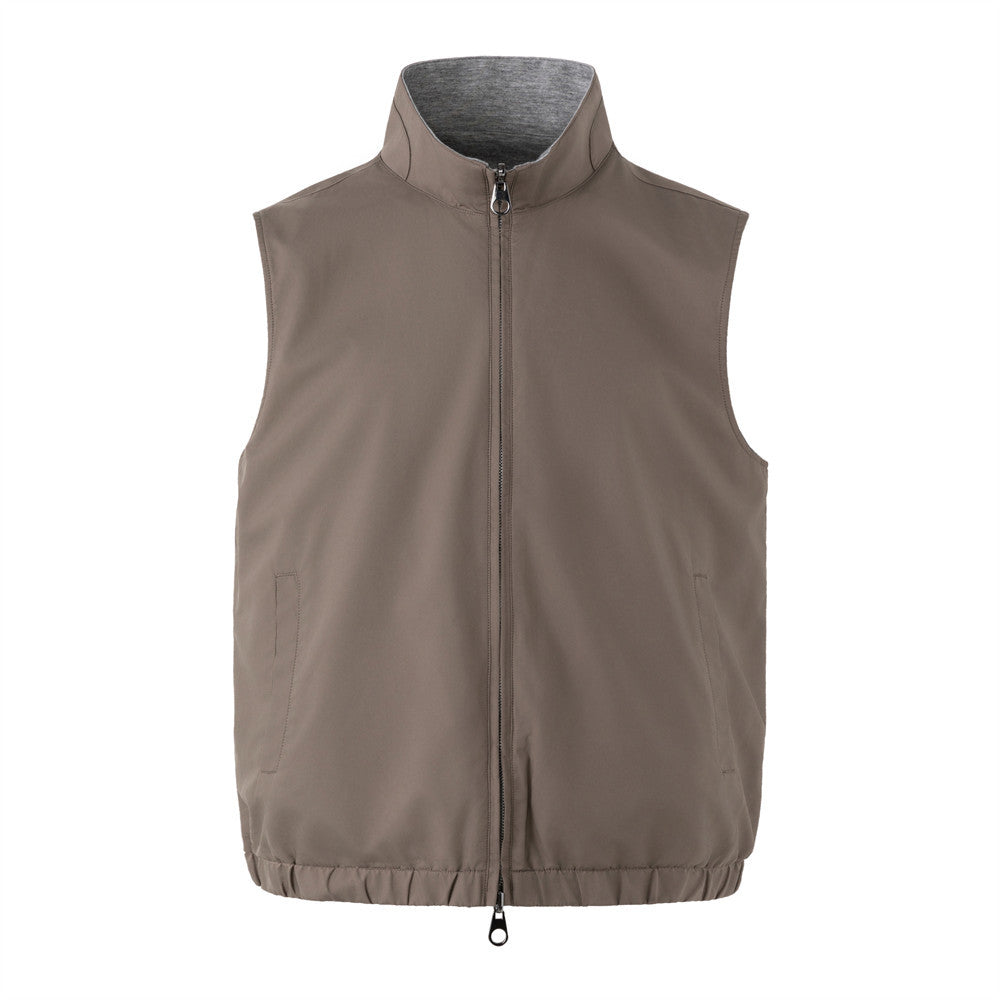 Reversible Stand Collar Vest – Men's Dual-Zip Sleeveless Gilet in Taupe &