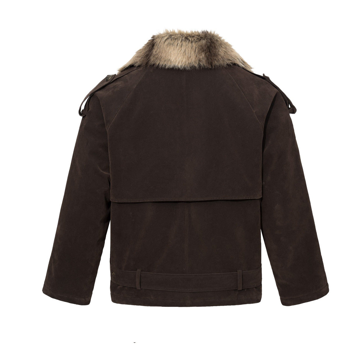 Double-Breasted Faux Fur Collar Padded Jacket in Dark Brown