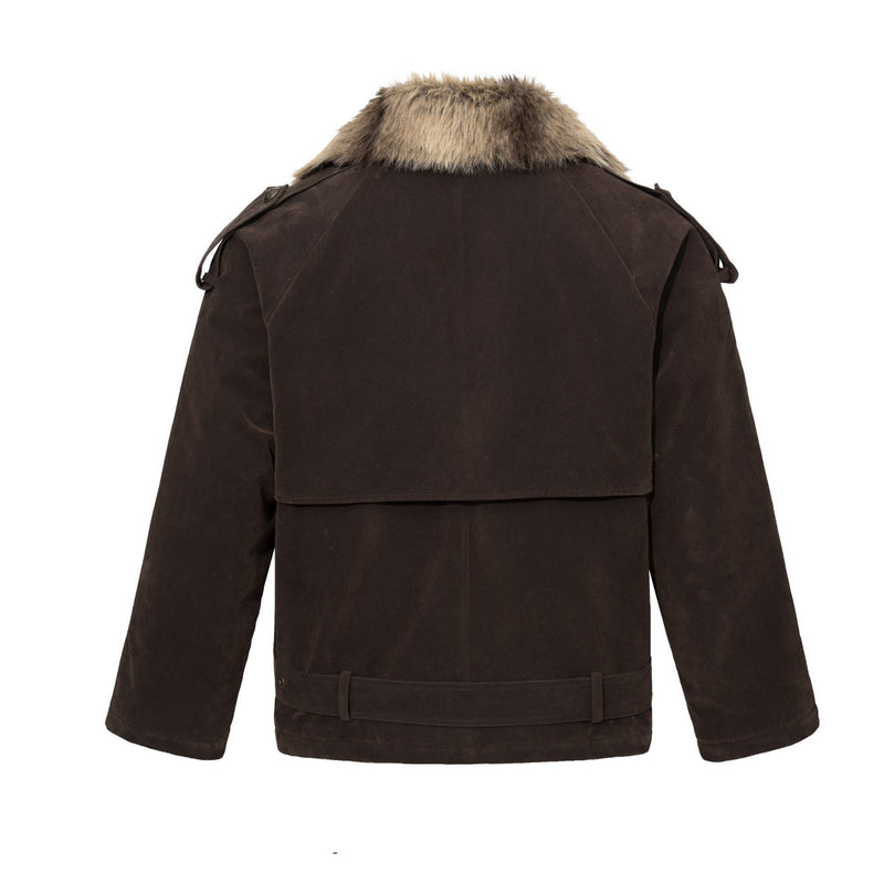 Double-Breasted Faux Fur Collar Padded Jacket in Dark Brown
