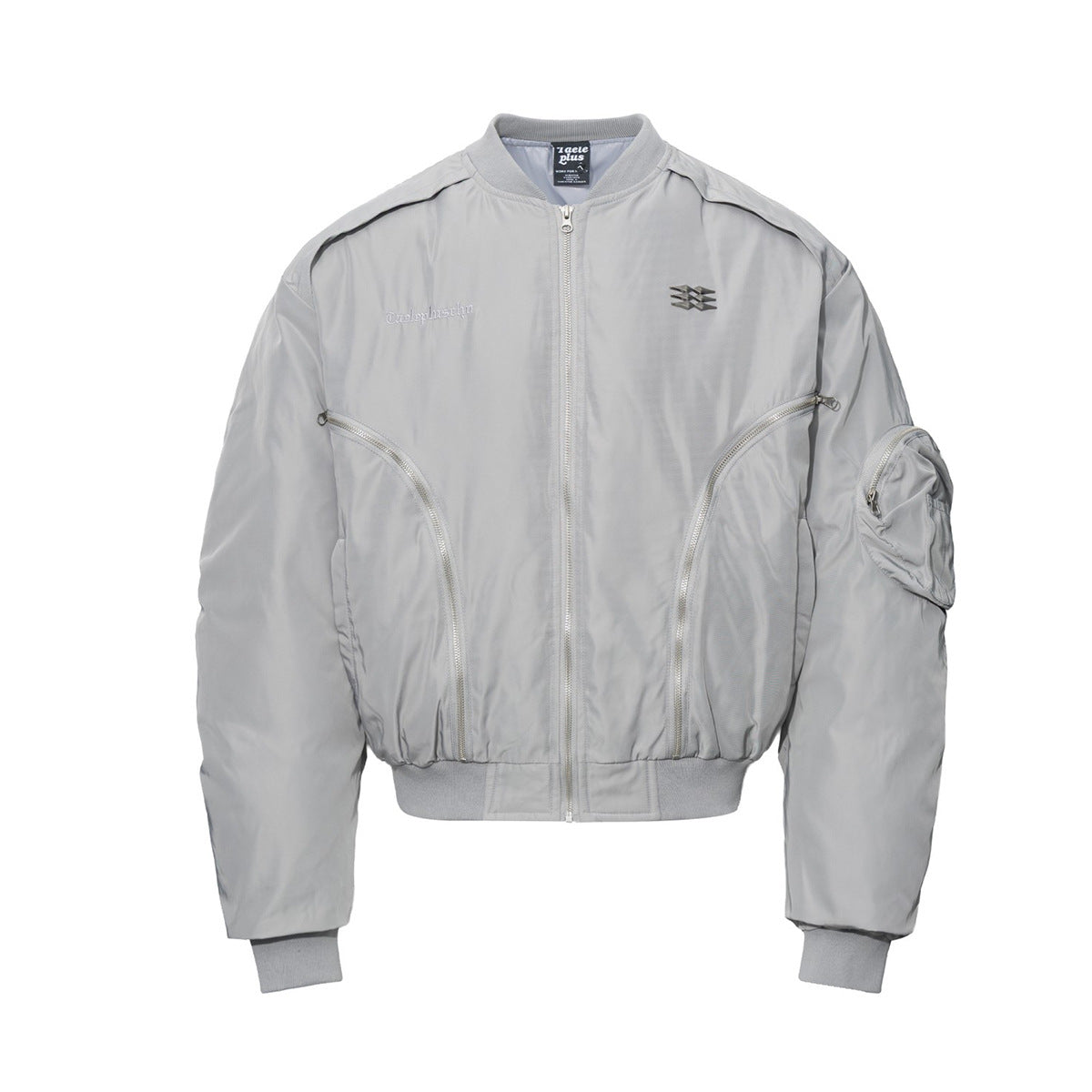 Oversized padded MA-1 bomber jacket in light grey with diagonal zip pockets and sleeve utility pocket