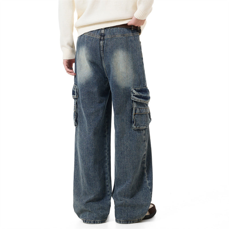 Vaqueros cargo para hombre — Pantalón vaquero de pierna ancha con múltiples bolsillos y lavado desgastado