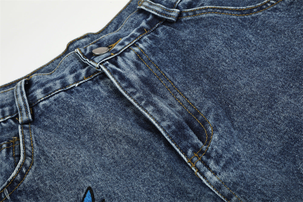 Cartoon Cat Embroidered Denim Shorts – Men's Wide Leg Vintage Washed Jean Shorts