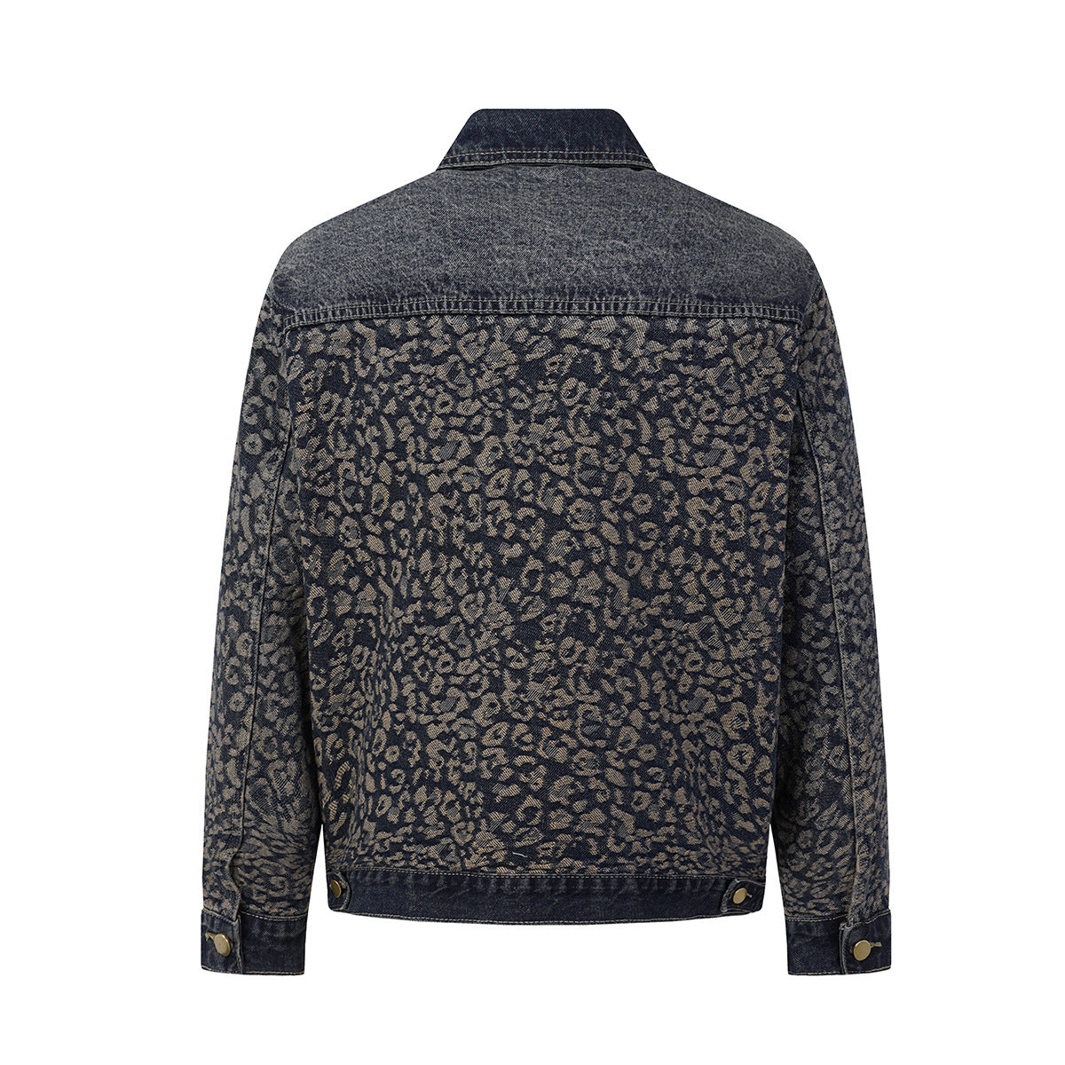Veste en jean à imprimé léopard – Veste trucker patchwork délavée à col à pointes