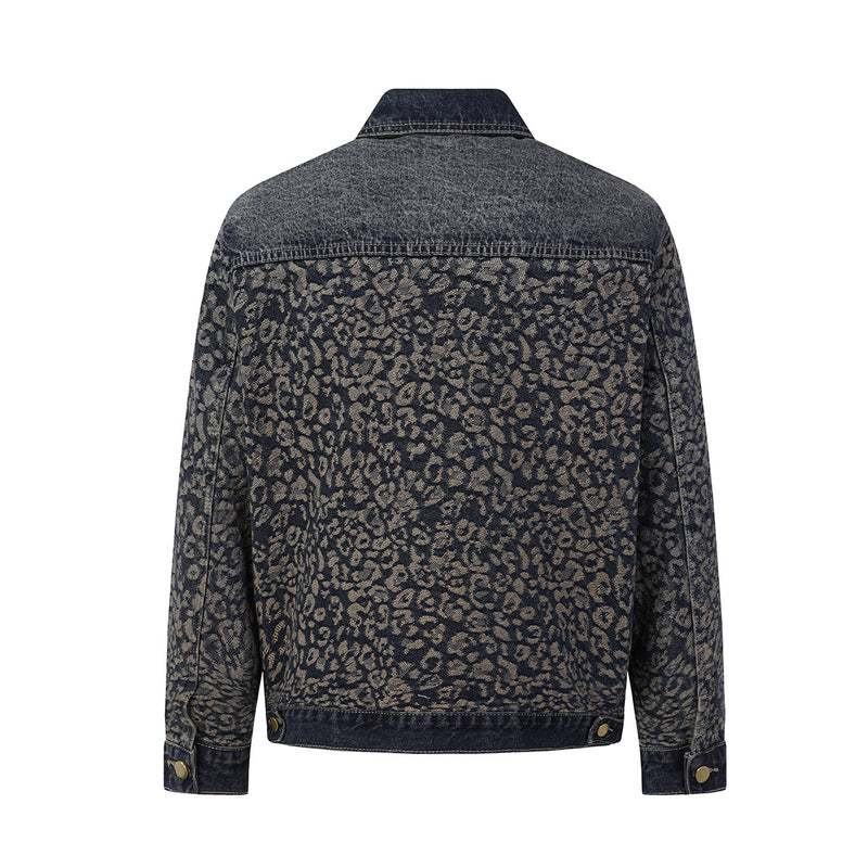 Veste en jean à imprimé léopard – Veste trucker patchwork délavée à col à pointes