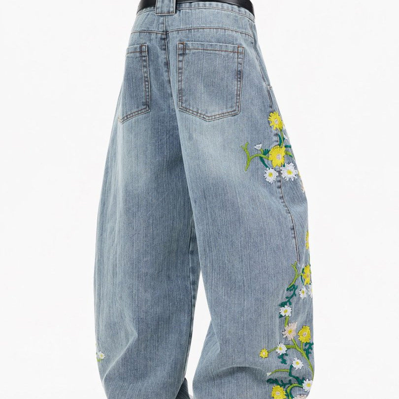 Floral Embroidered Wide-Leg Jeans – Men's Barrel Fit Washed Denim