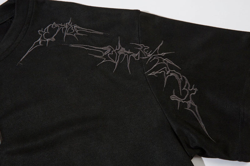 Men's Oversized Suede-Finish Thorn Embroidery Short Sleeve T-Shirt