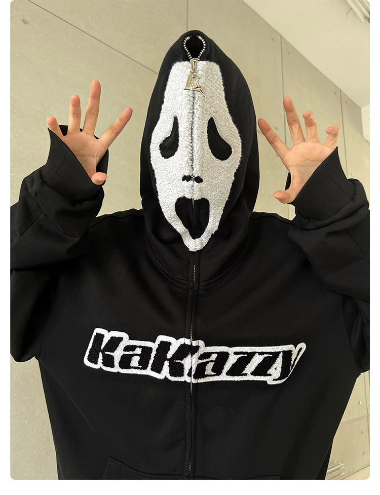 Scream-Inspired Hoodie - 400GSM Oversized Black Zip-Up Horror Movie Sweatshirt