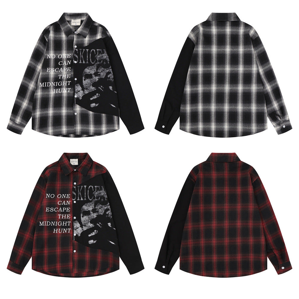 Camisa de franela oversize de cuadros y bloques de color para hombre, con panel gráfico de calavera y mangas negras, mostrada en negro/blanco y rojo/negro