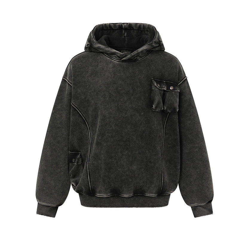 Oversized Acid Wash Hoodie with Cargo Chest Pocket – Heavy Fleece Pullover