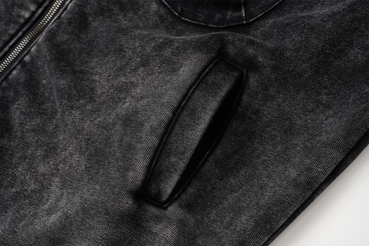 Vintage Washed Fleece-Lined Bomber Jacket – Boxy Fit Men's Zip-Up Outerwear