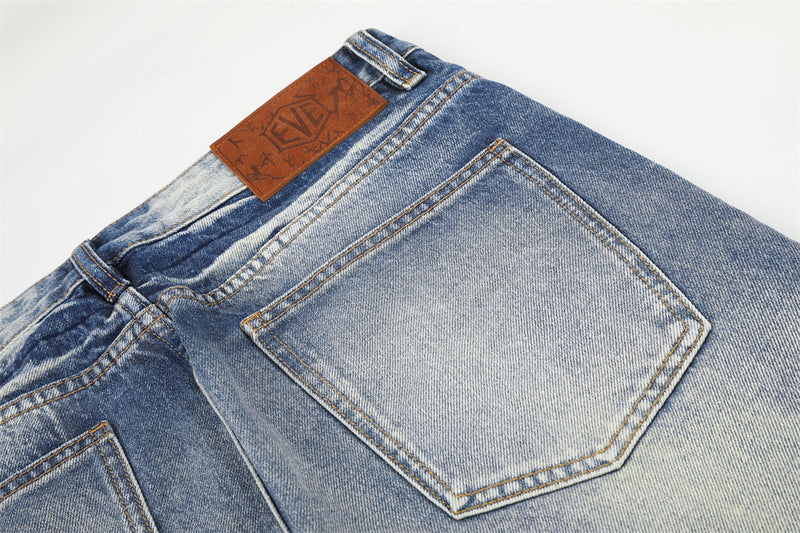 Wide-Leg Distressed Jeans – Lightning Wash Vintage Blue Straight-Fit Denim