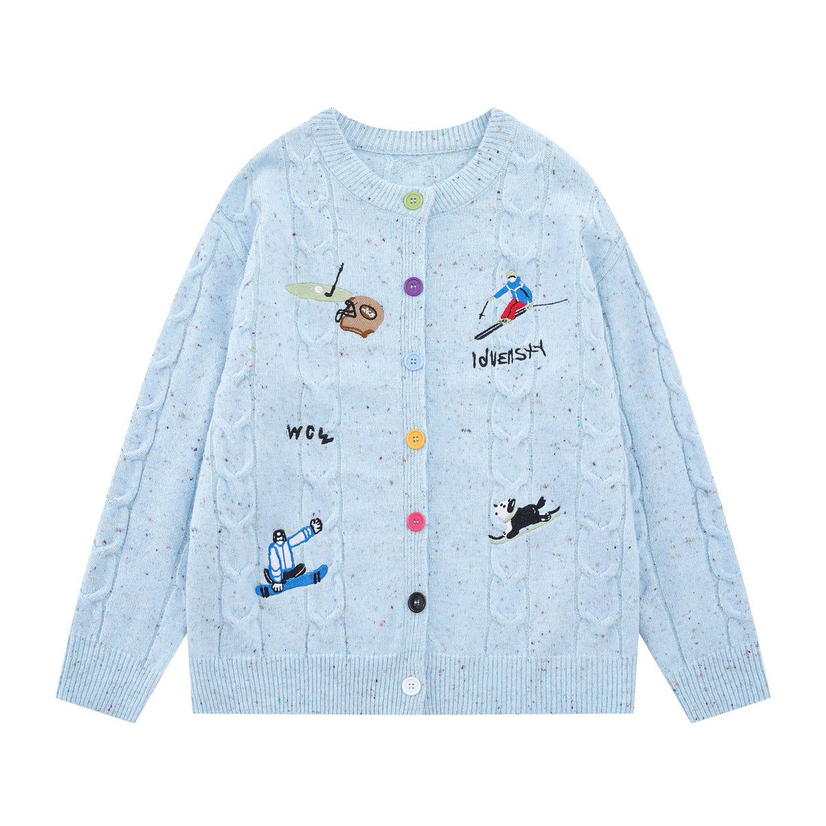Cable Knit Cardigan Sweater with Cartoon Sport Embroidery & Colorful Buttons