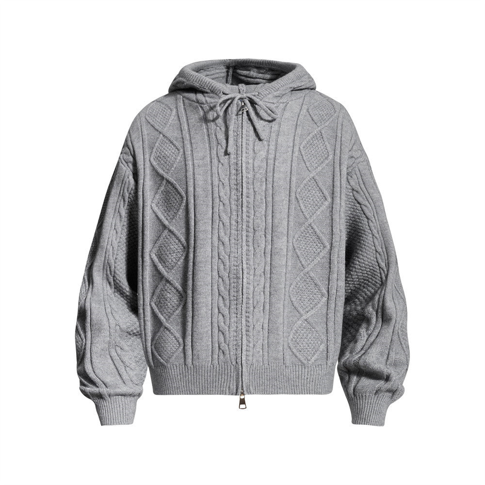Sweat à capuche zippé en maille torsadée à motif losanges et capuche à cordon