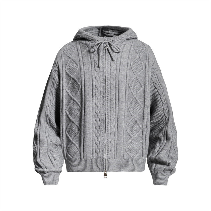 Sweat à capuche zippé en maille torsadée à motif losanges et capuche à cordon