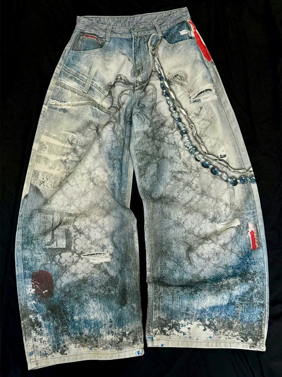 Jean baggy à jambes larges avec imprimé 3D – Denim délavé à ourlet incurvé