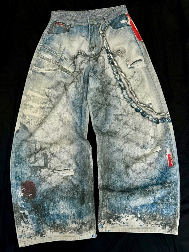 Jean baggy à jambes larges avec imprimé 3D – Denim délavé à ourlet incurvé